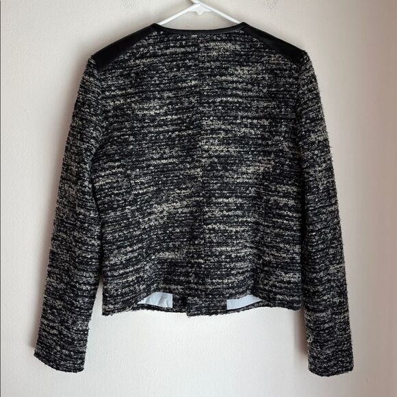 Ann Taylor Wool blend Tweed Day leather Black Gray cropped Blazer Womens 6 NWT - Picture 13 of 14